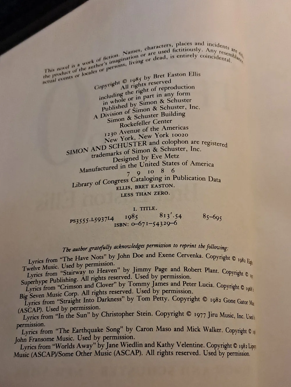 1985 Less Than Zero - Hardcover Novel